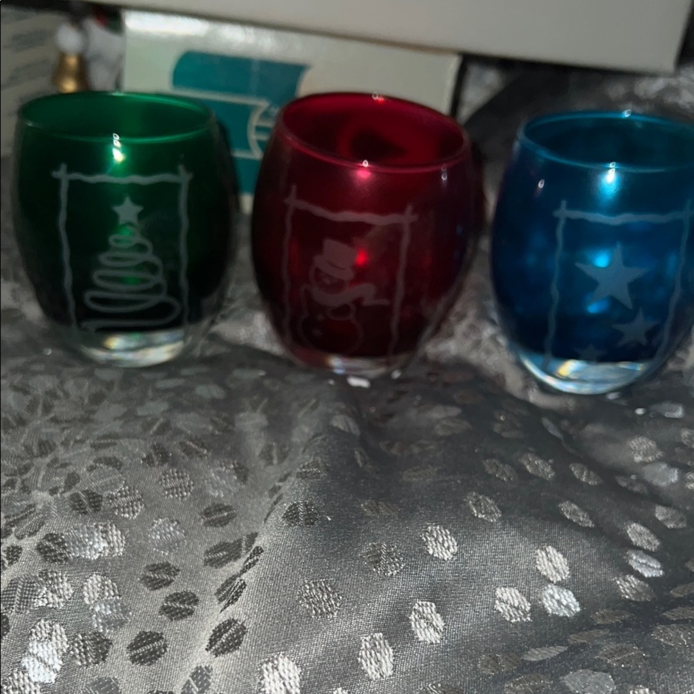 Festive Holiday Glass Candle Holders set of 3